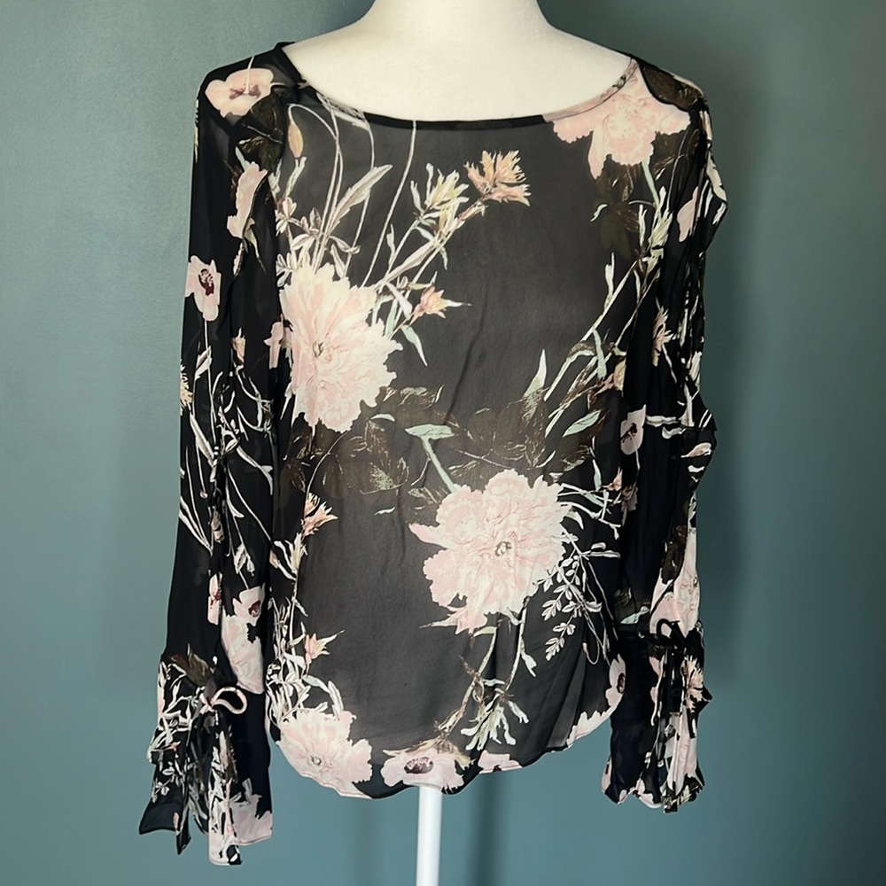 LUCKY BRAND - Sheer Floral Ruffle detail Blouse- Size Small